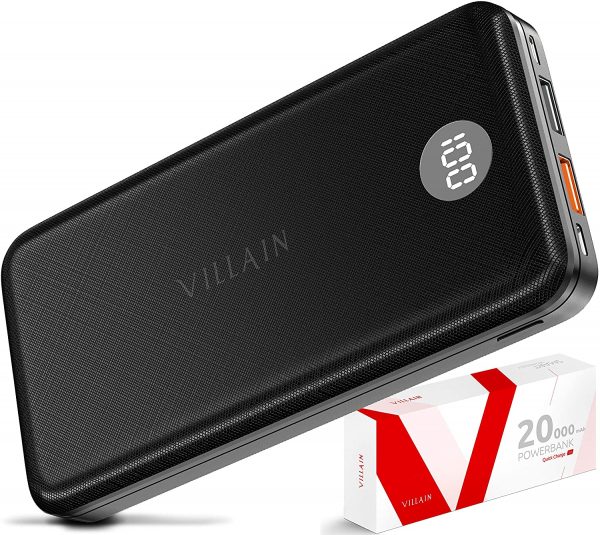 VILLAIN 20000mAh Power Bank【USB C Input & Output】 PD 3.0 18W Portable Charger Qualcomm Quick Charge with 3 Inputs & 3 Outputs – Fast Charging Cell Phone External Battery Pack for iPhone, Android